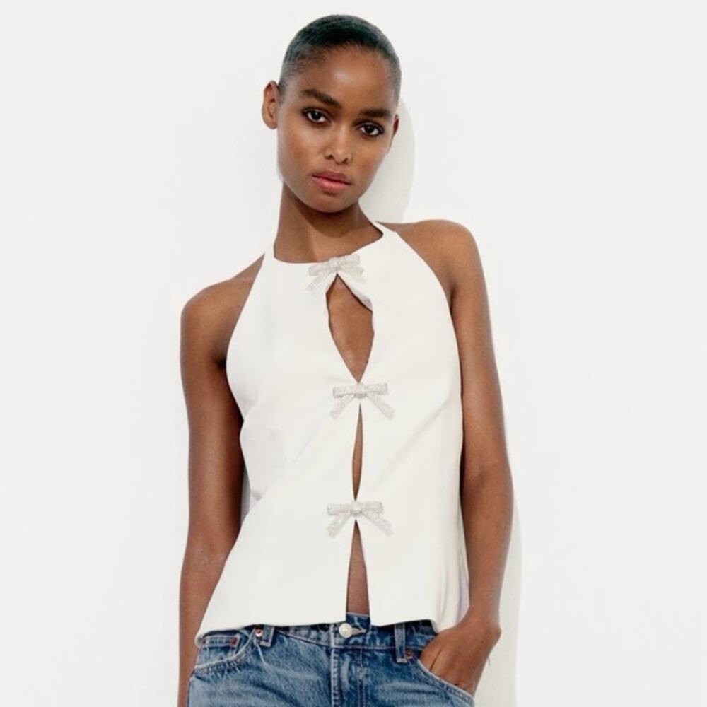 Zara JEWEL BOW HALTER TOP Size XXL